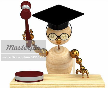 3d wood man holding a gavel isolated on white