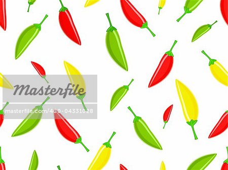 Seamless pattern with red green yellow hot chili peppers on white background.