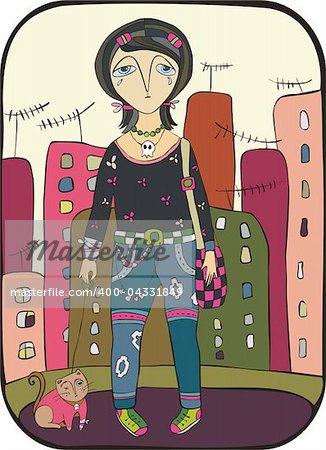 emo girl with on a wounded hand walks on a city with a cat