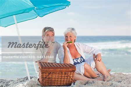 Elderly couple picniking on the beach