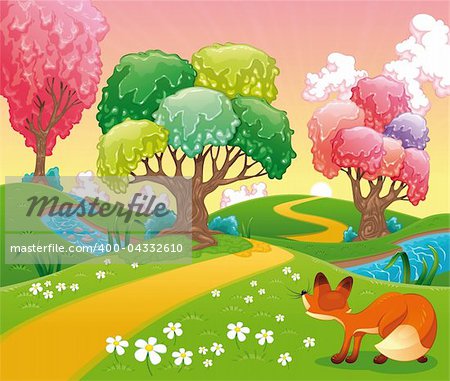 Fox in the wood. Funny cartoon and vector scene. Isolated objects