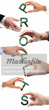 Profits word made by many business people hands