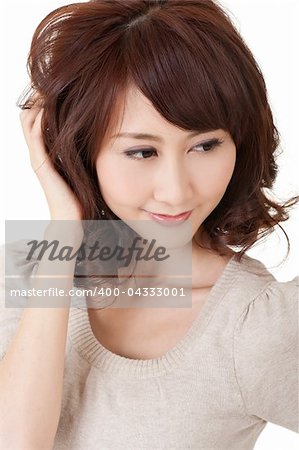 Attractive Asian beauty looking, closeup portrait on white background.