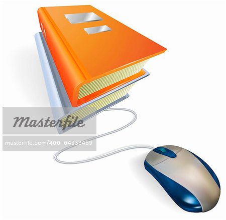 A mouse connected to a stack of books. Concept for online internet learning, education, information storage or e-books.