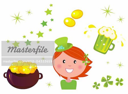 Icons set of St. Patrick's Day design elements - cauldron with coins, four leaf clovers, green beer and Leprechaun.