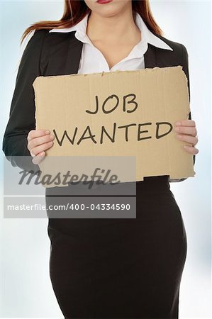 Unemployed businesswoman with cardboard sign - job wanted.