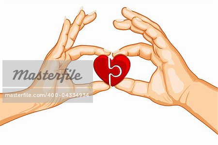 illustration of male and female handing joining puzzle pieces of heart on isolated background