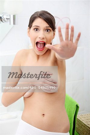 Beautiful young woman caught naked in bathroom (abused, trying to defend herself)