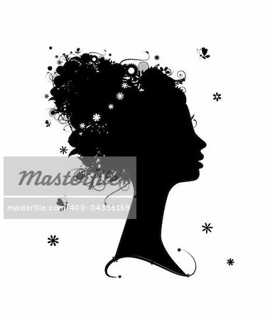 Female profile silhouette, floral hairstyle for your design