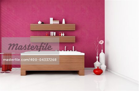 modern bathroom with wooden fashion bathtub -rendering