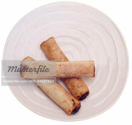 Spring Roll Appetizer on a Pink Plate Isolated on White with a Clipping Path.