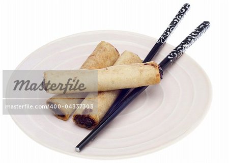 Spring Roll Appetizer with Chopsticks on a Plate.