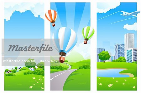 Three Nature banners with clouds grass flowers aircraft and balloons