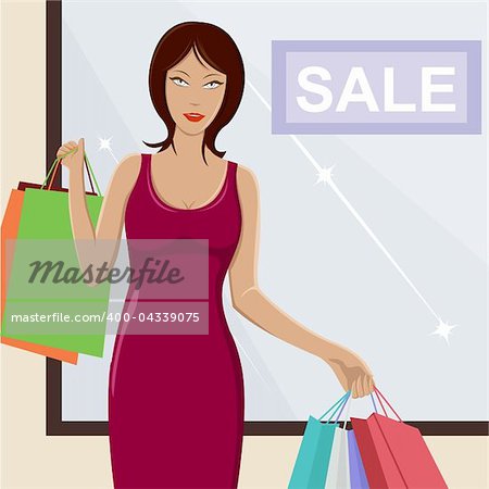 illustration of  urban lady standing with shopping bag