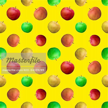 Vector seamless background, fruits, various apples on yellow