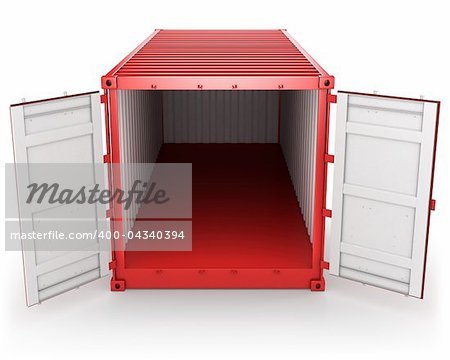 Opened red freight container isolated on white background, front view