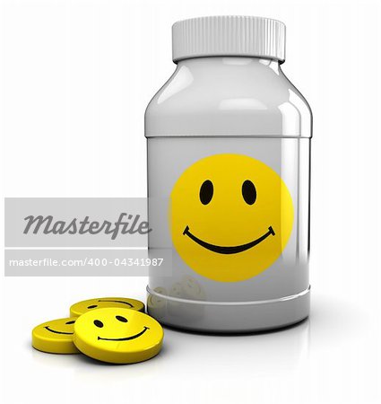 abstract 3d illustration of medical bottle and tablets with smiley symbol