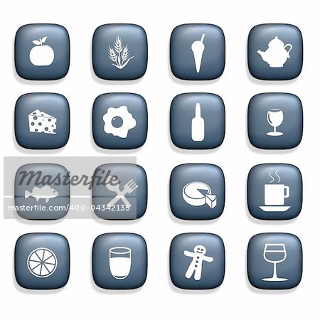 16 icons containing various food and drink symbols over a white background