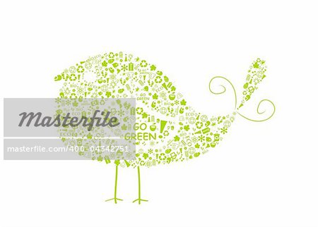 bird silhouette filled with go green eco signs on white backdrop - bulb, leaf, globe, drop, apple, house, trash. Ecology concept.