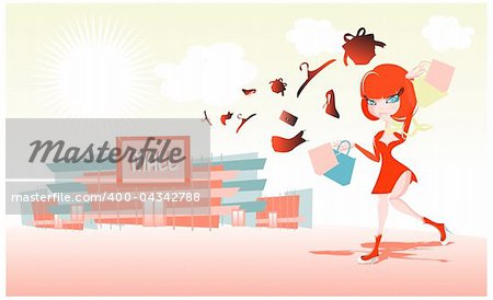 Vector image of a beautiful girl in dress with a successful shopping. May well arrange your text
