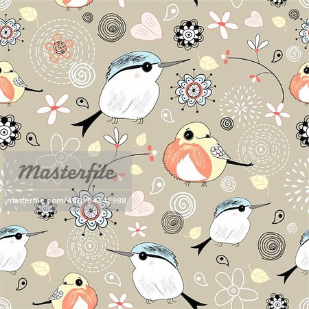 seamless pattern with natural color graphics birdies on a brown background