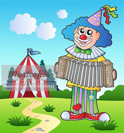Clown playing accordion near tent - vector illustration.