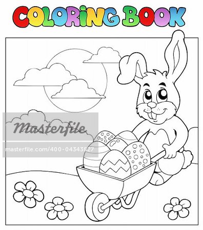 Coloring book with bunny and barrow - vector illustration.