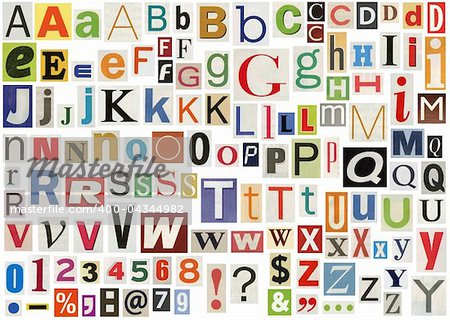 Newspaper alphabet with letters, numbers and symbols. Isolated on white