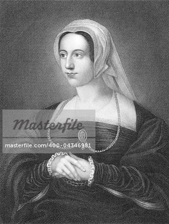 Catherine Parr (1512-1548) on engraving from 1840. Queen consort of England and Ireland and the last of the six wives of King Henry VIII of England. Engraved by H.T.Ryall from a painting by Holbein and published by J.F.Tallis, London & New York.