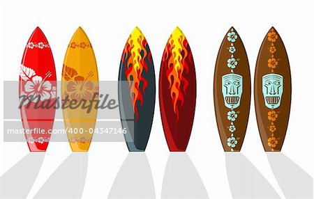 Set of vector surf boards with Hawaiian patterns and flames