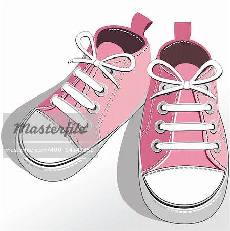 Pink childrens or young adult shoes, pair kids sneaker, pink   girls shoes. Vector illustration.