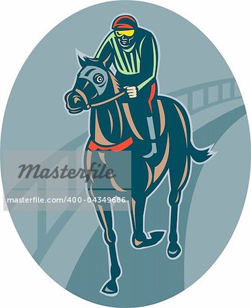 illustration of a Horse and jockey racing  on race track done in retro style.