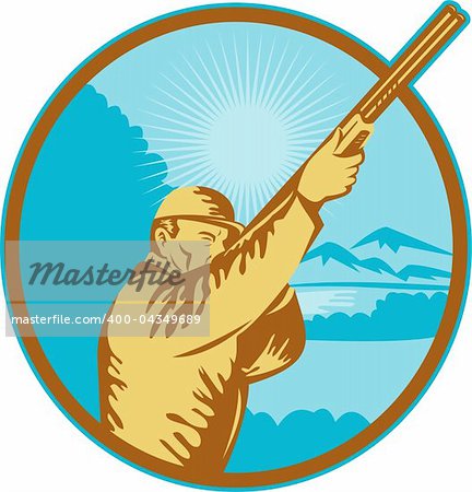 illustration of a Hunter with shotgun  rifle and mountains in background done in retro style.