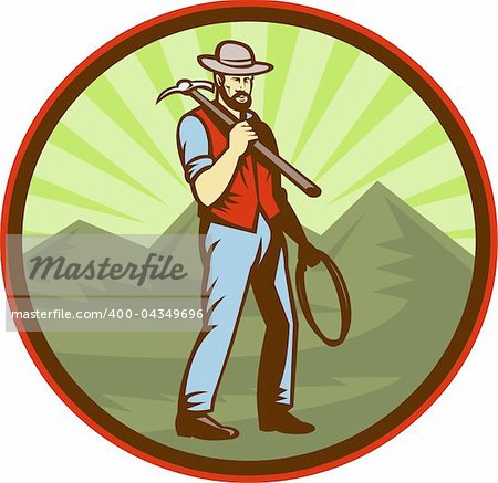 illustration of a Miner carrying pick axe with mountains set inside an oval