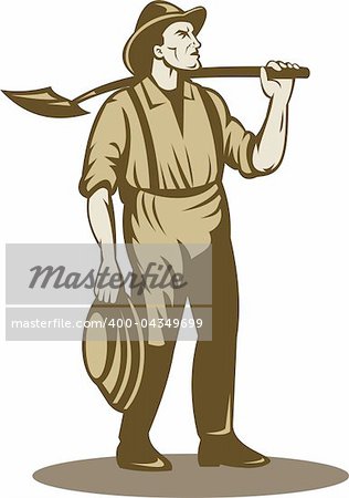 illustration of a Miner, prospector or gold digger with shovel standing front isolated on white