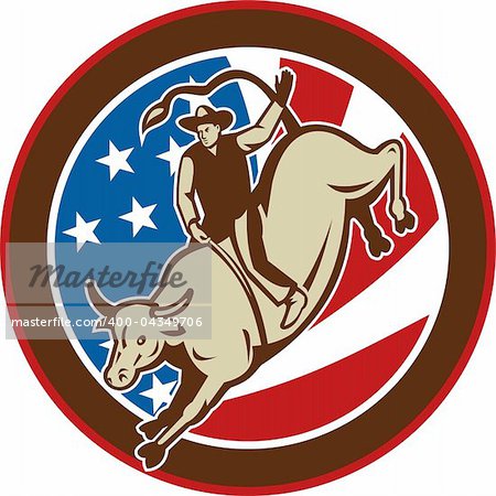 illustration of a Rodeo cowboy bull riding with stars and stripes in the background