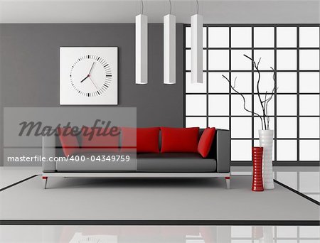 black and red living room with leather couch with pillow - rendering