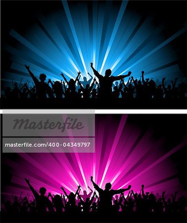 Silhouette of a crowd scene on different coloured starburst backgrounds