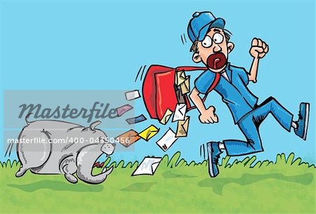 Cartoon postman running away from a dog. He is dropping his letters