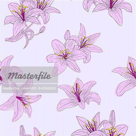 Beautiful seamless wallpaper with blooming lilies with on background, vector illustration