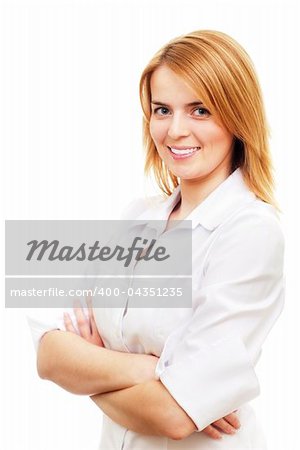 Business women standing and smiling wearing white shirt