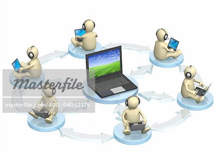 3d puppet, sitting with a laptop. Isolated over white