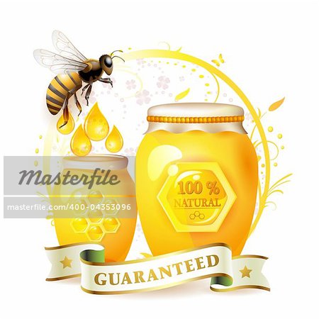 Glass jar with honey and bee over floral background isolated on white