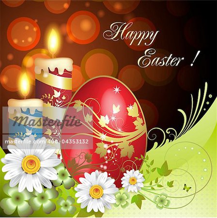 Easter card with flowers, candles and decorated egg