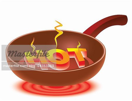 3D inscription HOT on red-hot frying pan. Abstract illustration.
