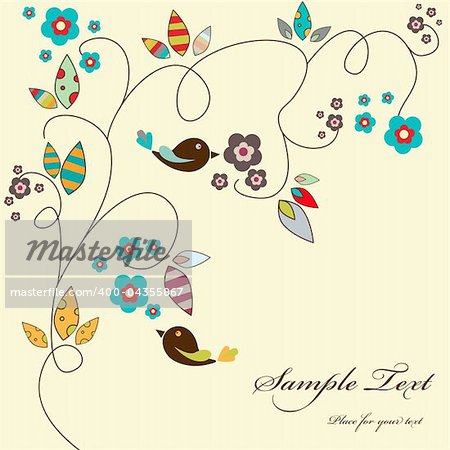 Vector floral greeting card with birds