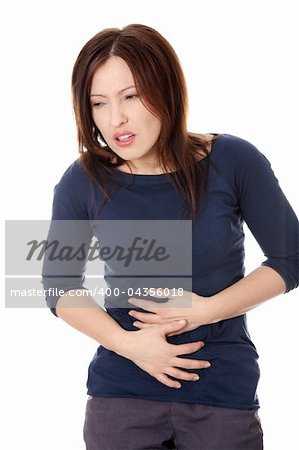 Woman holding her stomach with her hands . Pain concept