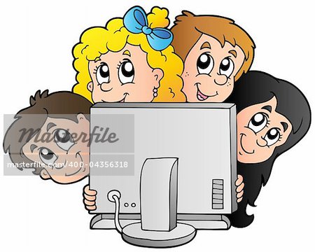 Cartoon kids with computer - vector illustration.