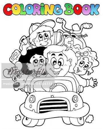 Coloring book with family in car - vector illustration.
