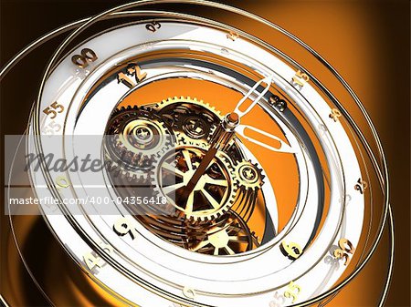 abstract 3d illustration of golden clock mechanism, time flow concept